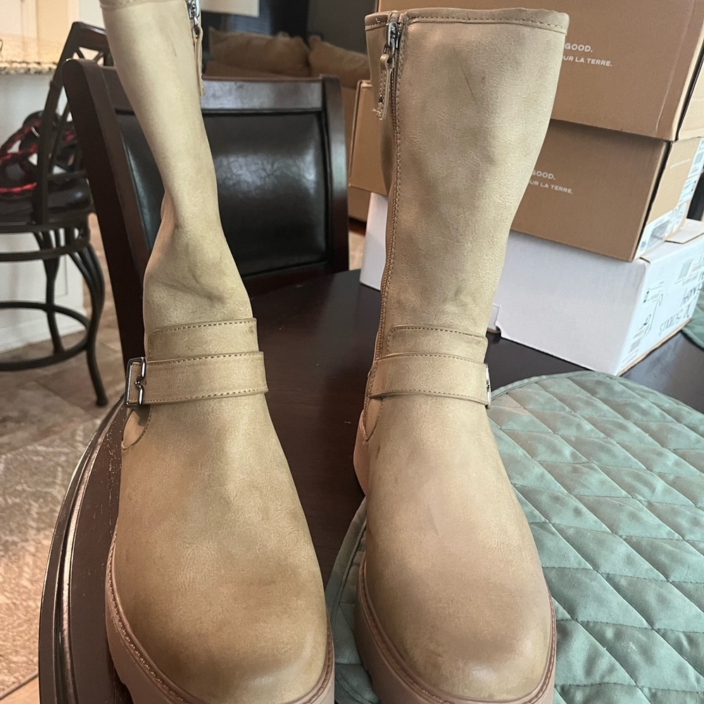 Light Tan Mid-Calf Combat Moto Boots with Buckle Strap